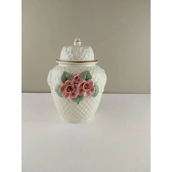 No Brand Other - Ginger Jar with Lid Cream Lattice Pattern Raised Roses